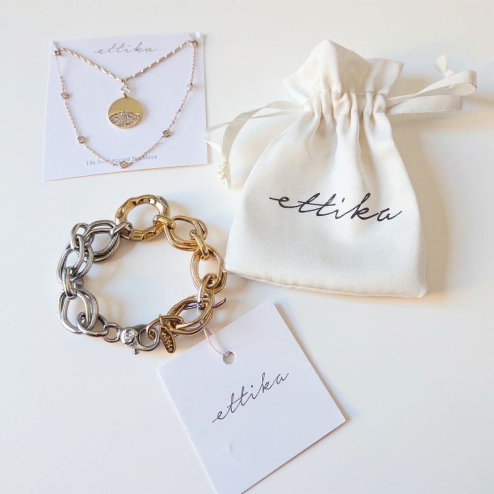 Ettika 18k Gold Layering Necklaces & Mixed Metal Chain Link Bracelet NEW NWT